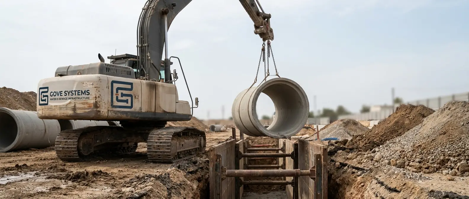 מחפר של גוב מערכות מניח צינור בטון בתעלה מדופנת